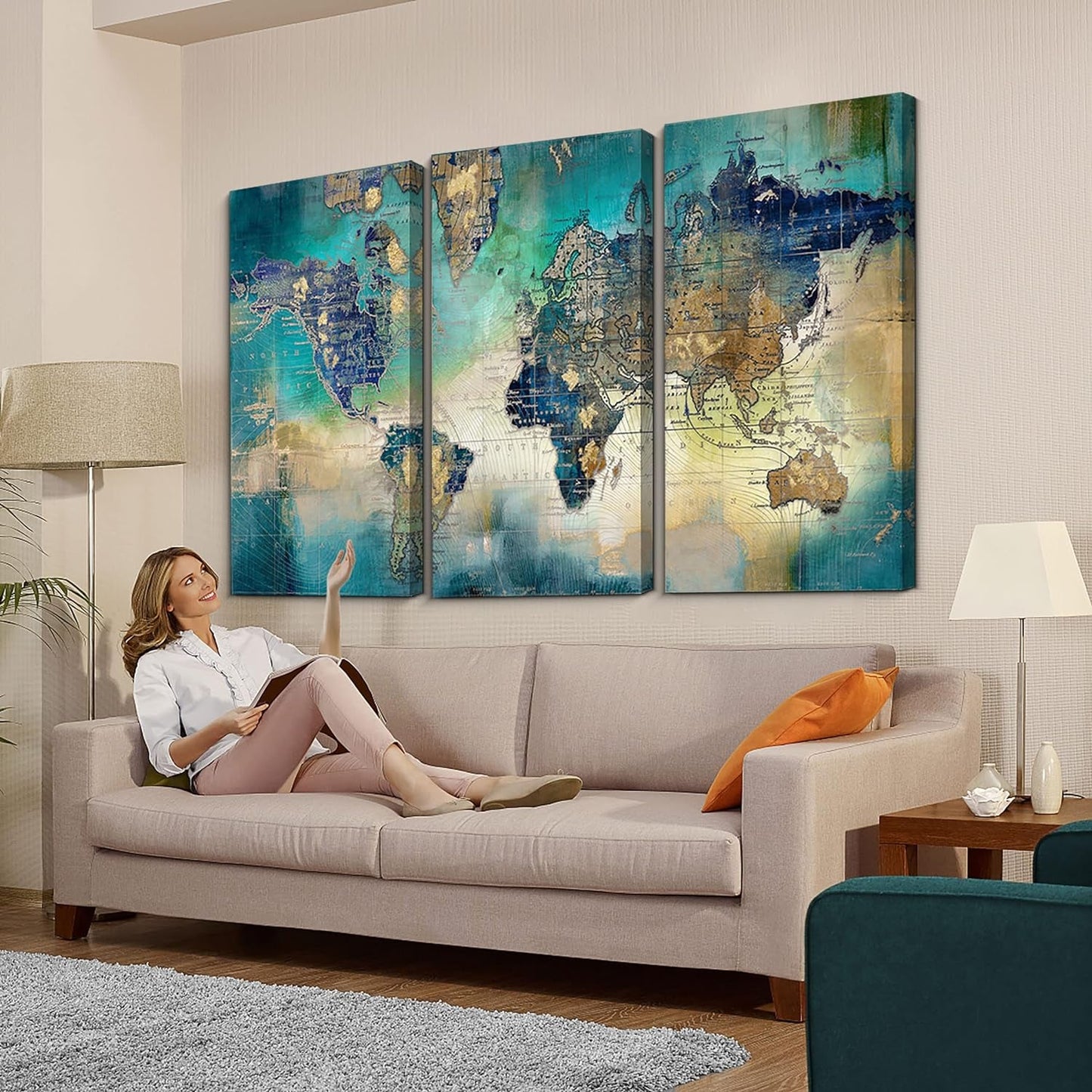 Stunning  World Map Canvas Wall Art - 3 Piece Set for Living Room, Bedroom, and Office - 16"x32" Large Decor