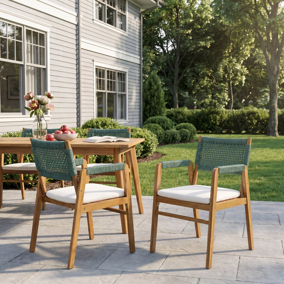 Set of 2 Outdoor Acacia Wood Dining Chairs with Woven Seats