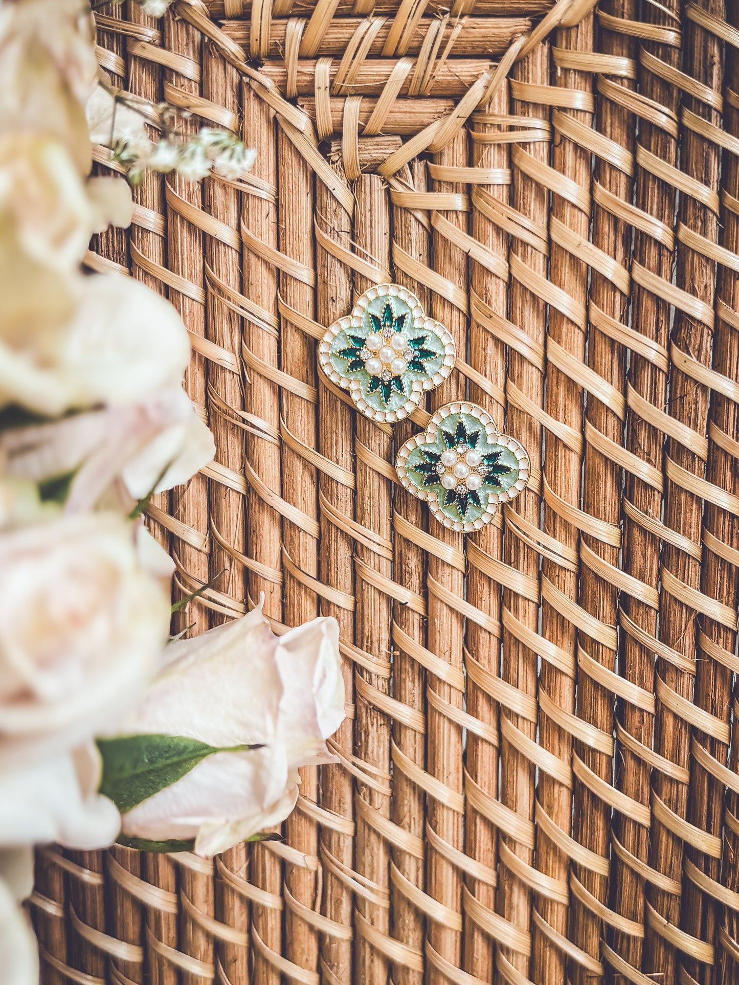 Beautiful Vintage Green and Pearl Stud Earrings