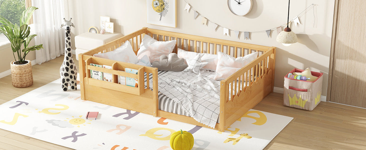 Full Floor bed with Heightened Fence and bookshelf ,Wood Floor Bed for Kids,Natural.