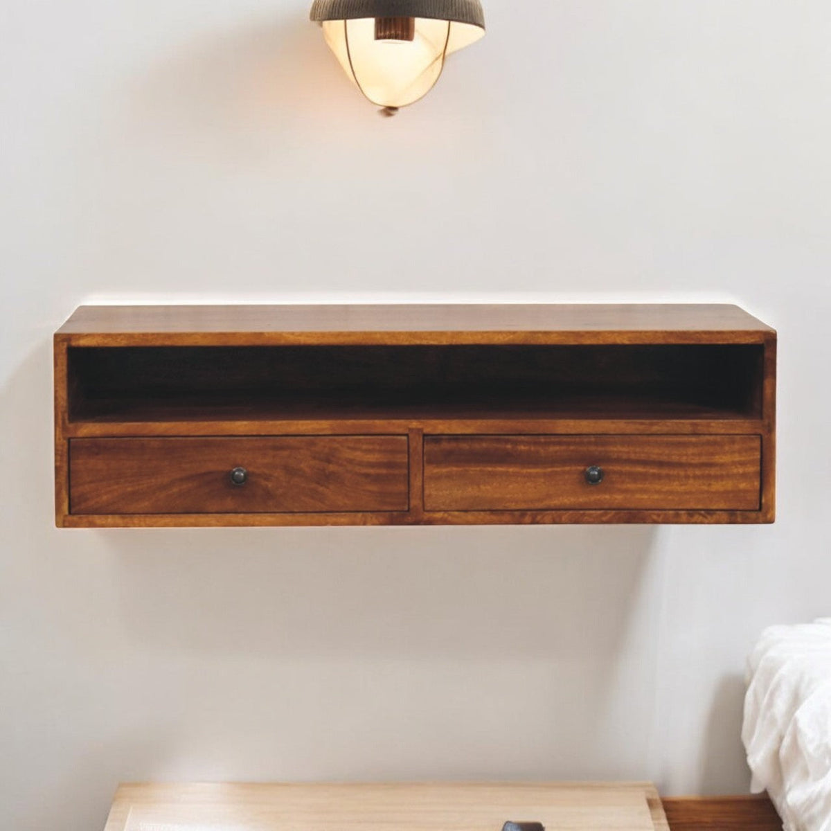 Solid Wood Lunar Wall-Mounted Media Unit, 2 Drawers, Chestnut