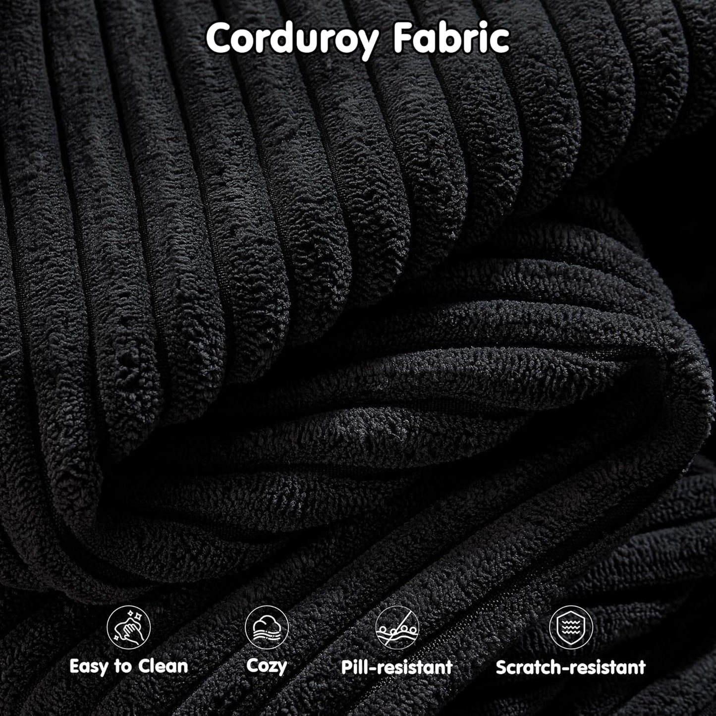 104 Inch Black Corduroy L Shaped Sectional Sofa Deep Set Upholstered Modular Couch No Assembly