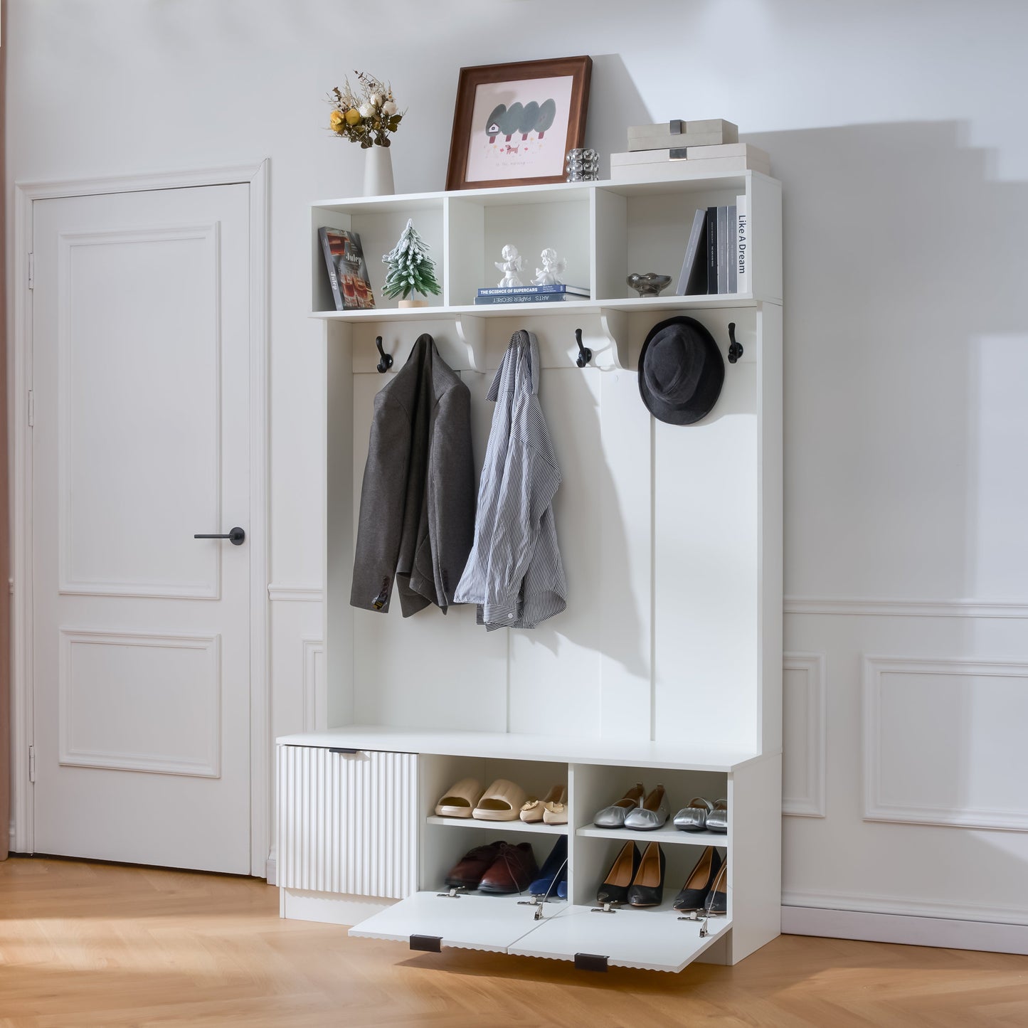 49.6" 5-in-1 Hall Tree with Bench, Shoe Storage & Open Cabinets