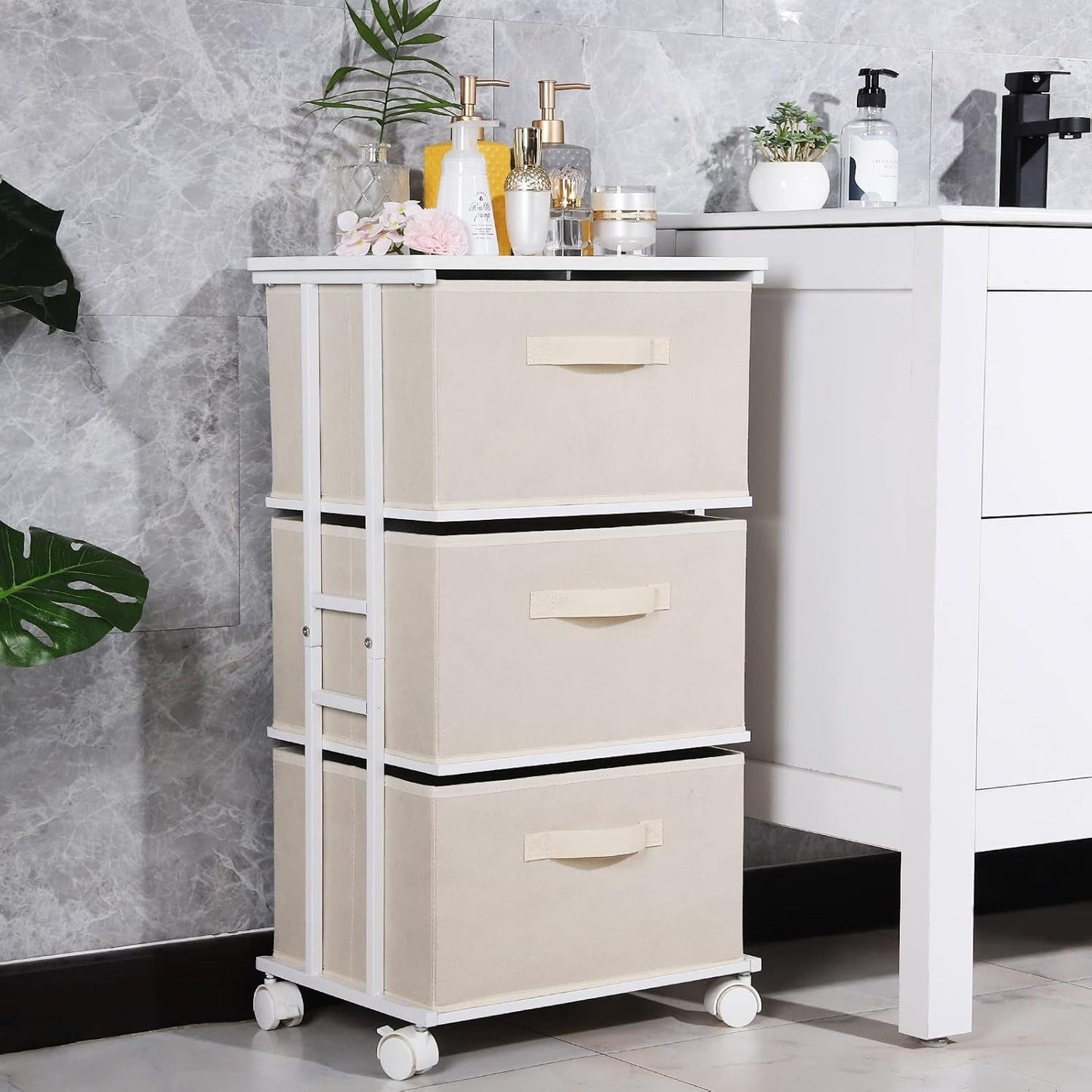 Beige Dresser Tower With 3 Drawers And Wood Top Fabric