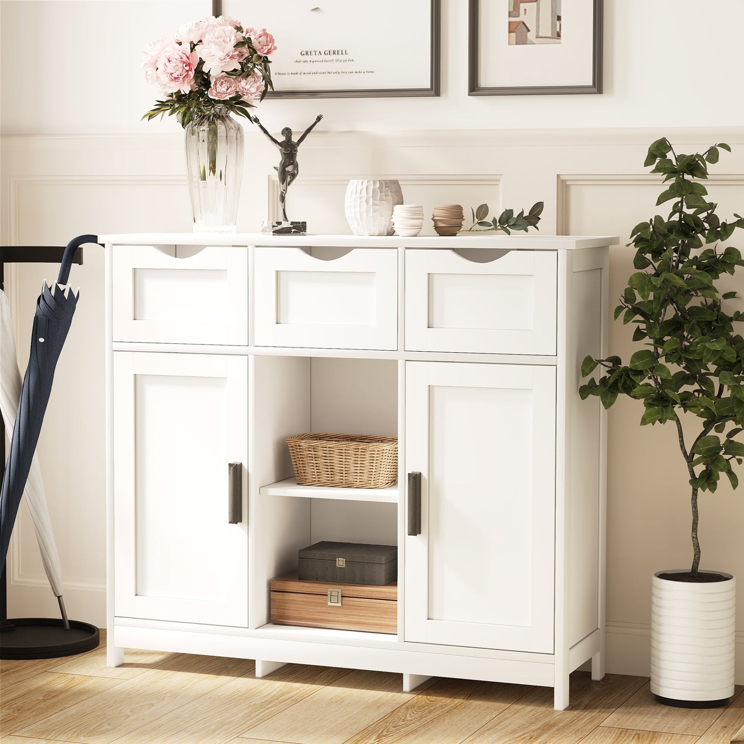 Wooden Floor Cabinet with Drawers and Shelves