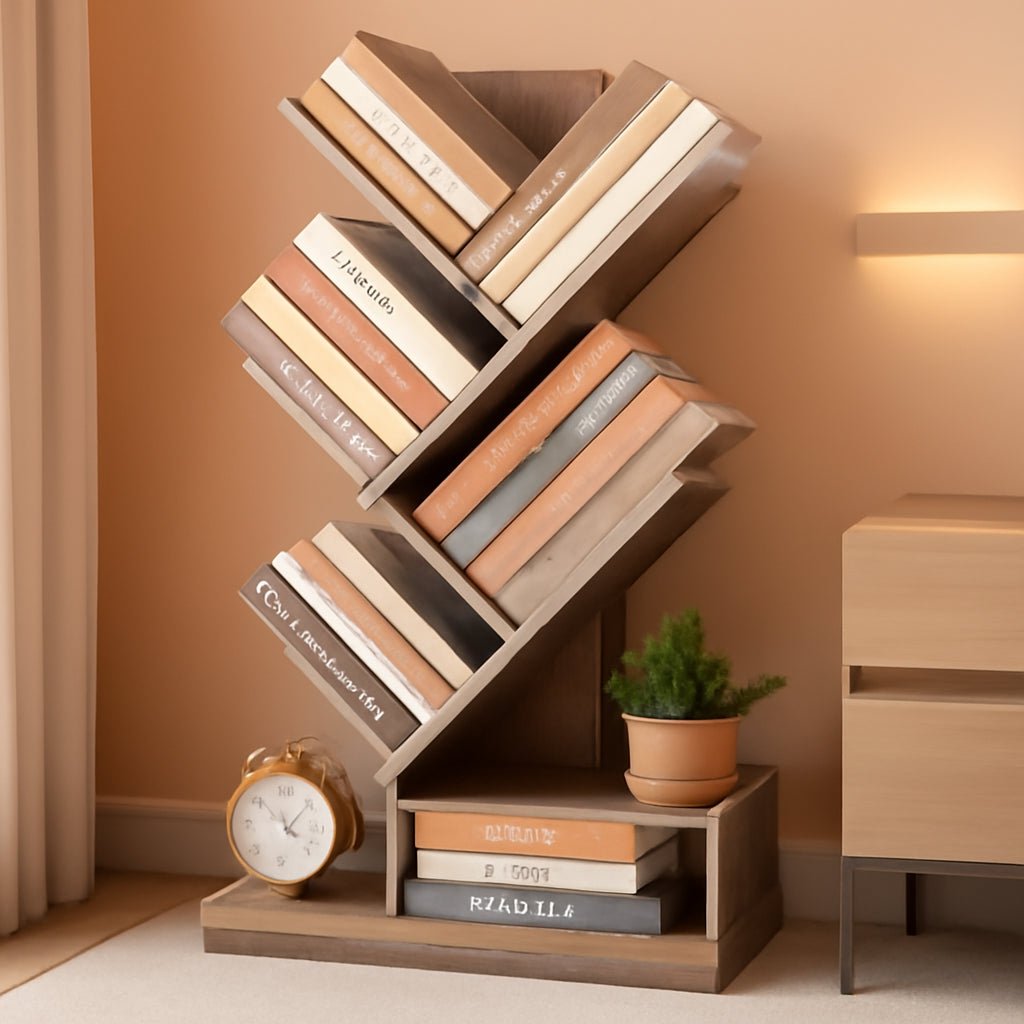 Tree Bookshelf 6 Tier Greige Freestanding Floor Display