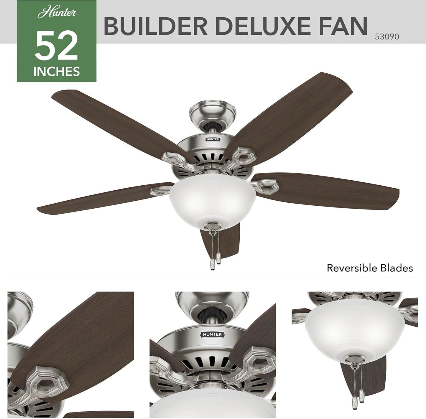 Builder Deluxe 52 Inch Brushed Nickel Indoor Ceiling Fan with reversible blades and LED light.