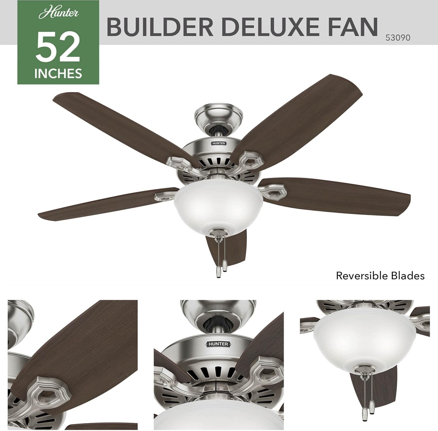 Builder Deluxe 52 Inch Brushed Nickel Indoor Ceiling Fan with reversible blades and LED light.