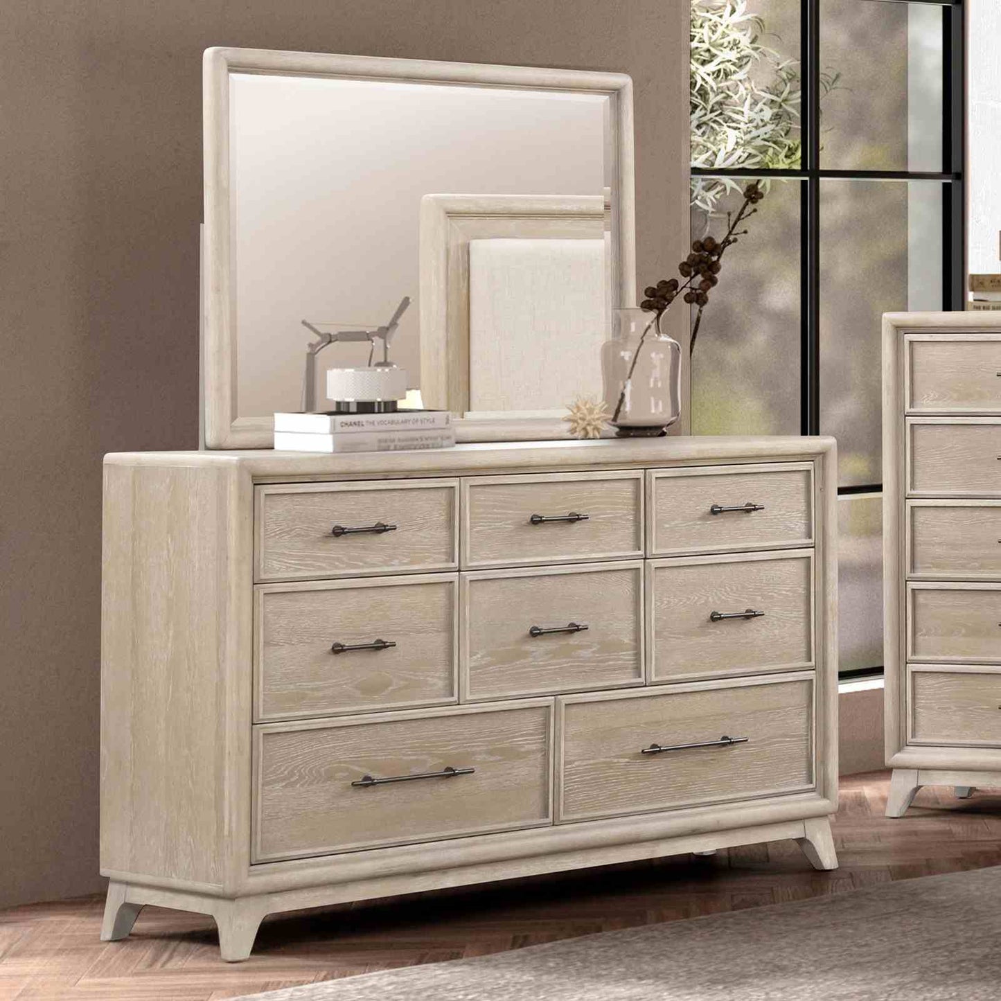 Oak Finish Eight Drawers Dresser With Mirror