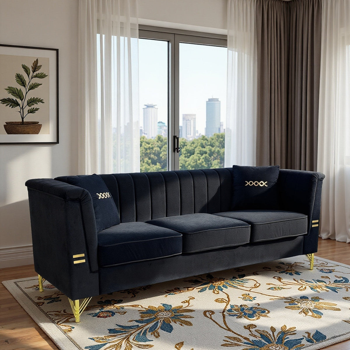 FX-P82-BK2 Modern Velvet 3-Seater Sofa