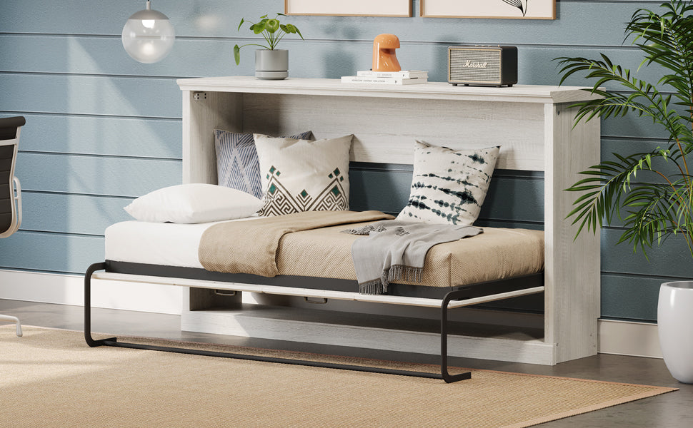 Twin Size Horizontal Murphy Bed in Rustic White