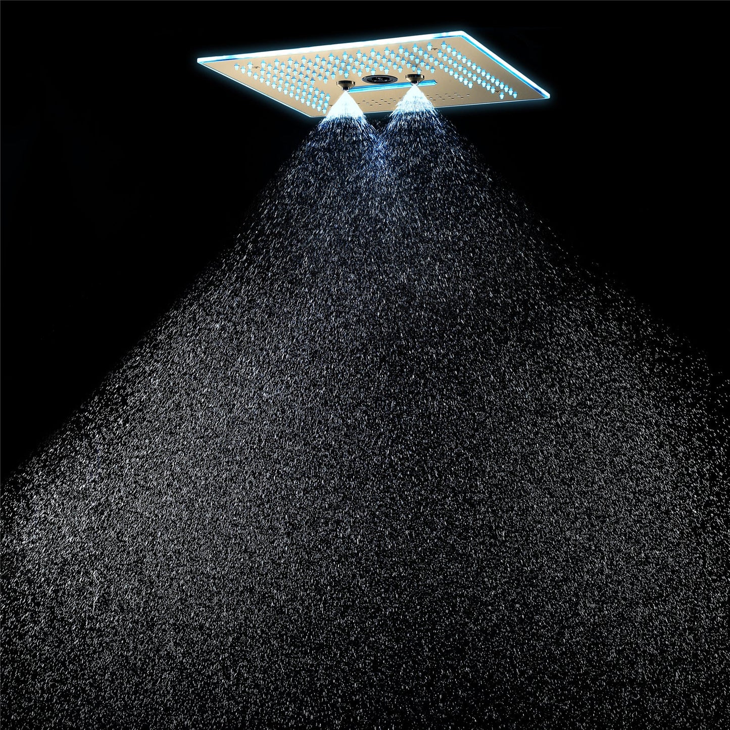 Flushed Mounted Brushed Gold 16'' x 16'' Shower Head: Featuring 64 LED Lights, Music, Rainfall, Waterfall, Mist, 360 Degrees Rotation, and Hydro Jet Technology