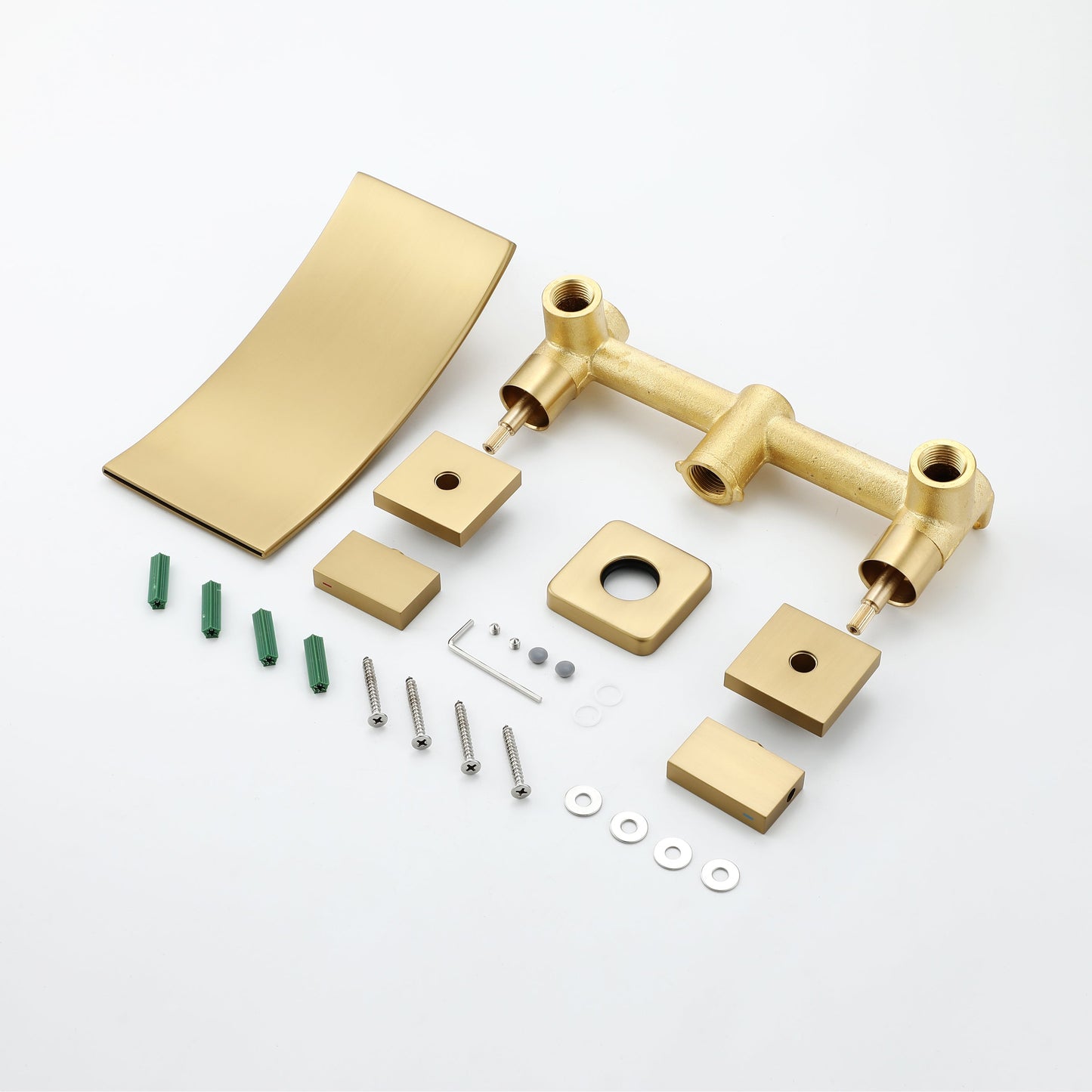 Brushed Gold Wall Mount Waterfall Bathroom Sink Faucet with Overflow Brass Pop-Up Drain