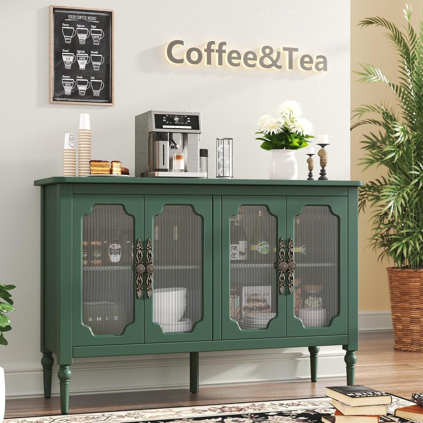 Vintage Green Glass Doors Buffet Sideboard Storage 48 Inch
