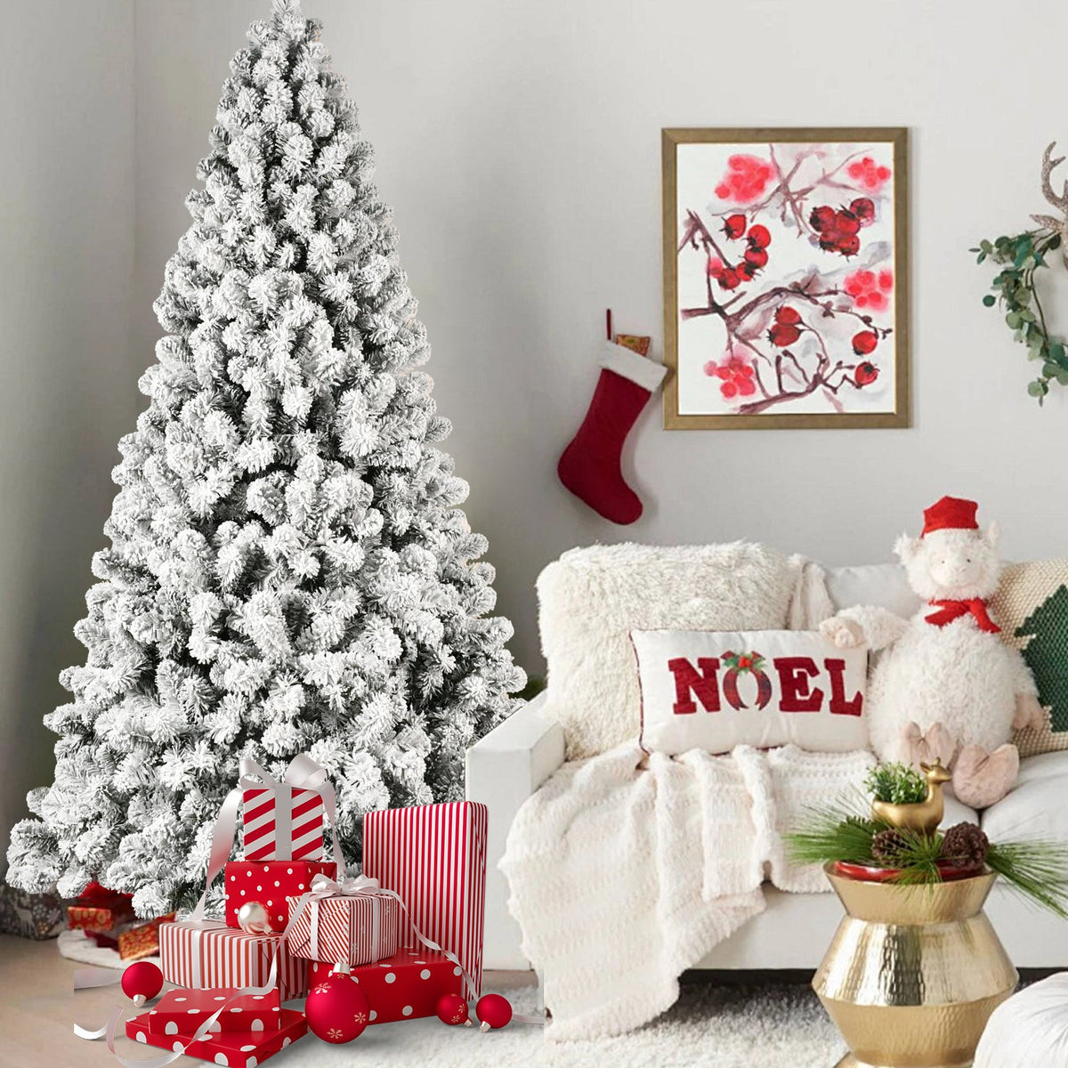 9ft Flocked Pre-Lit Christmas Tree with 650 UL Warm Lights