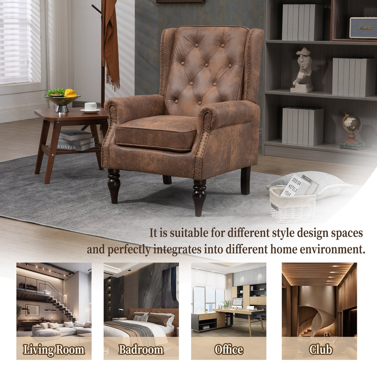 Modern Coffee Wood Frame Armchair with Microsuede Upholstery