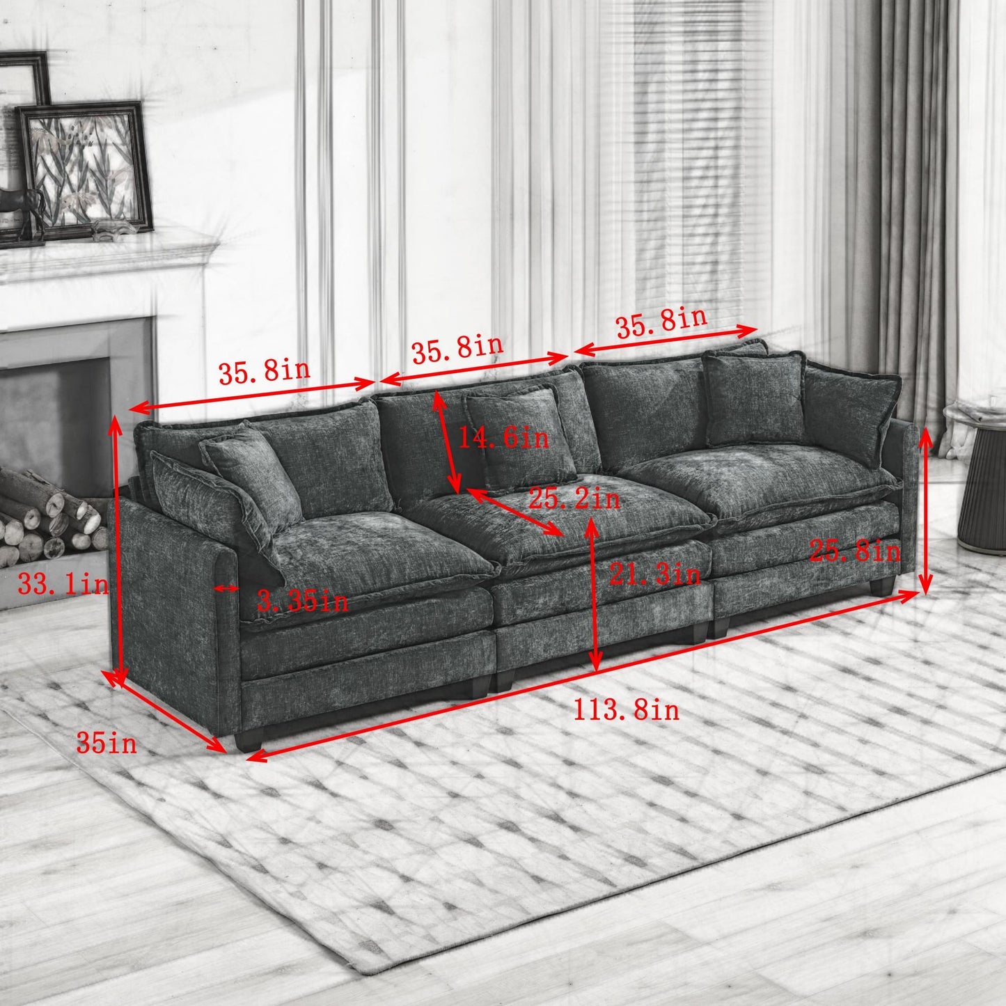 Cloud 3 Seats Sofa (Ottoman is not included) Chenille Fabric in Green
