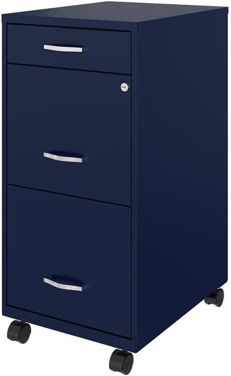 18 Inch Deep 3 Drawer Mobile Metal File Cabinet Navy With Cam Lock For Office Organization