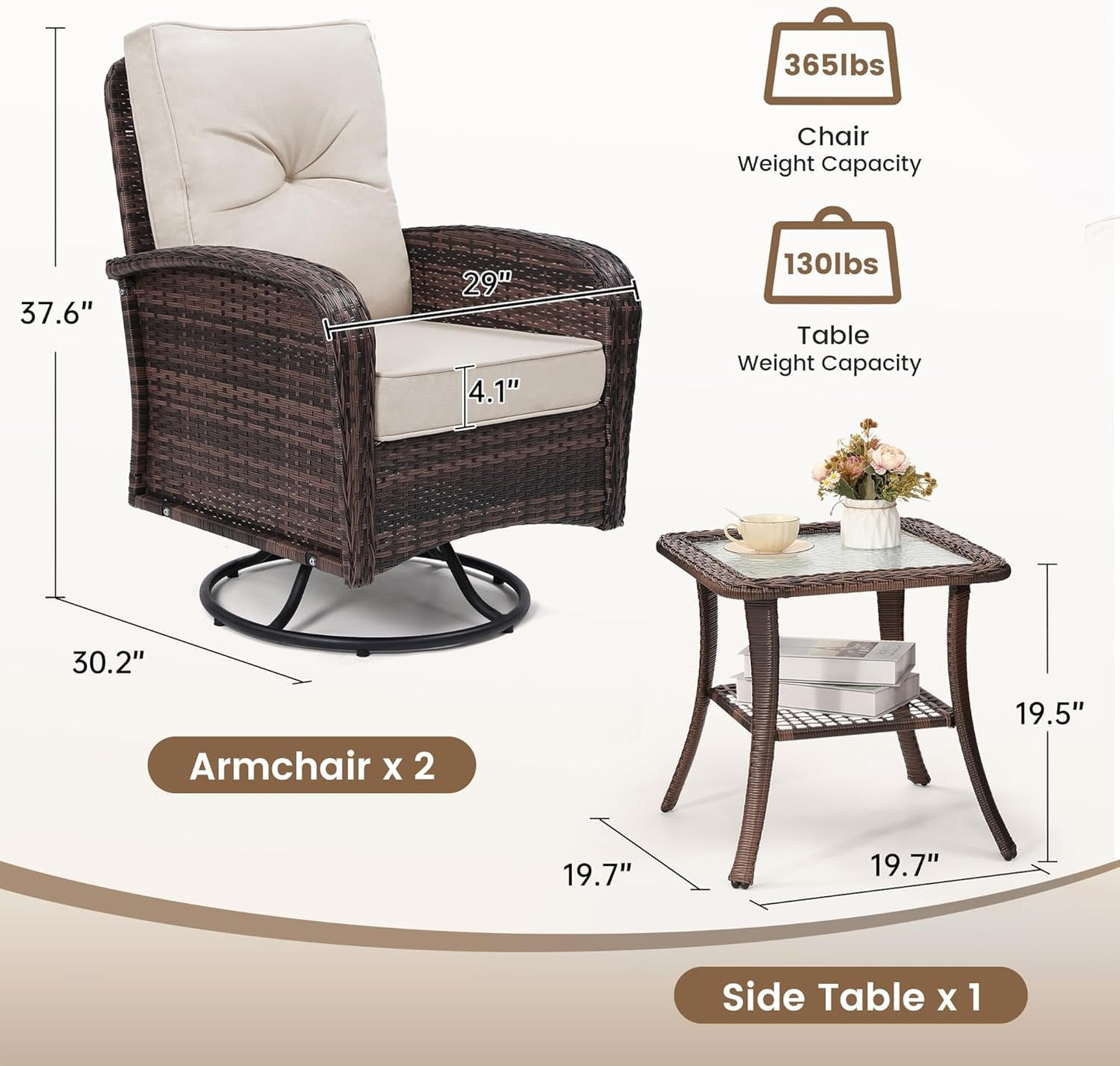 Two Outdoor Swivel Wicker Glider Patio Chairs With Table Set Brown Rattan And Beige Cushions