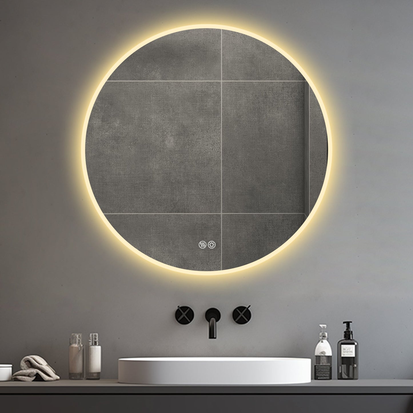 32” Round LED Bathroom Mirror – Anti-Fog, Silver, Dimmable Light