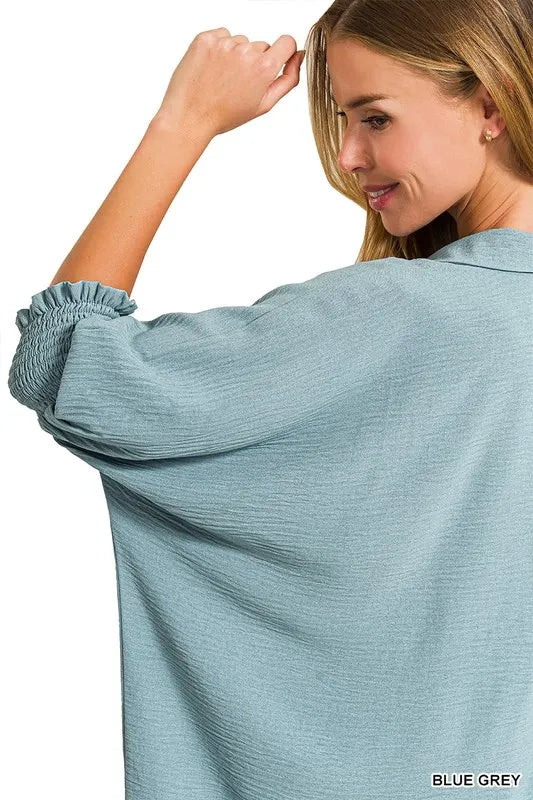 Zenana Airflow Collar Tee with Smocked Sleeve Band Top