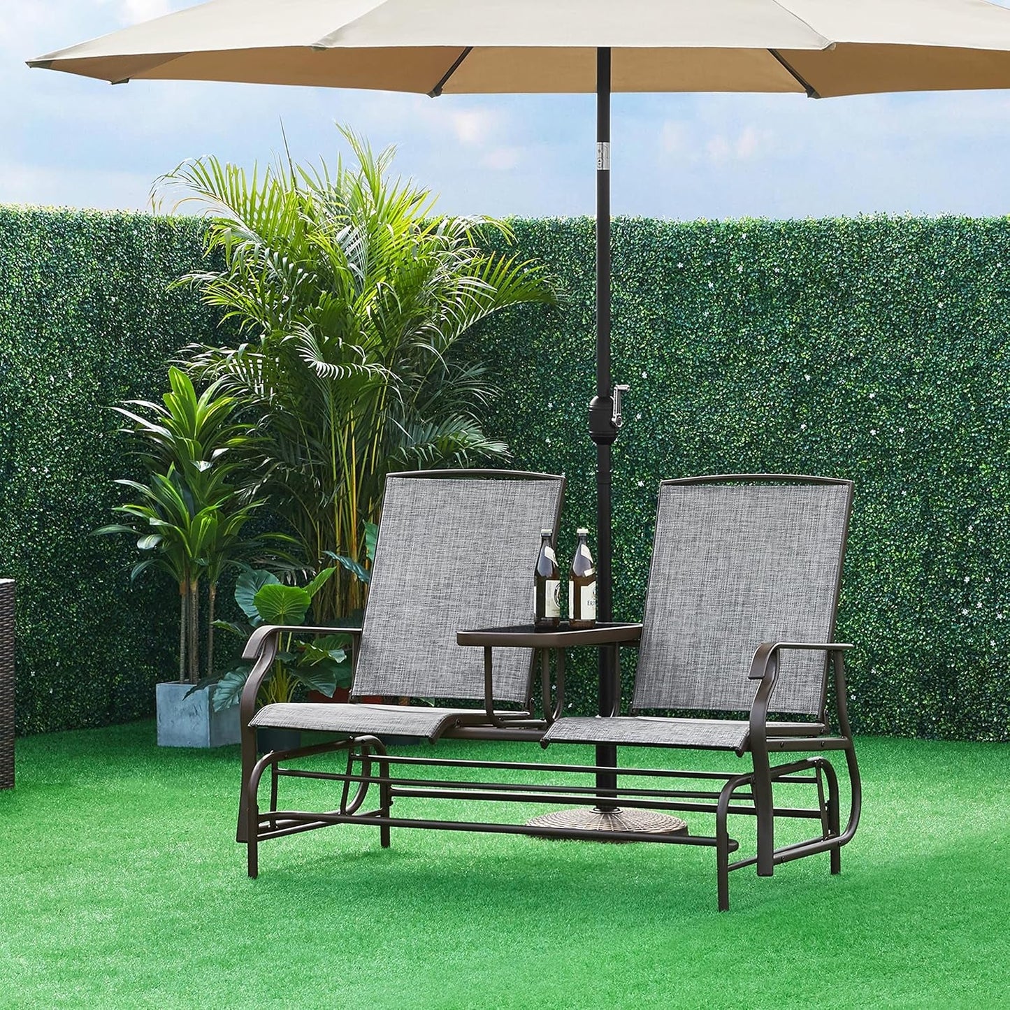Two-Seat Outdoor Glider Bench with Center Table