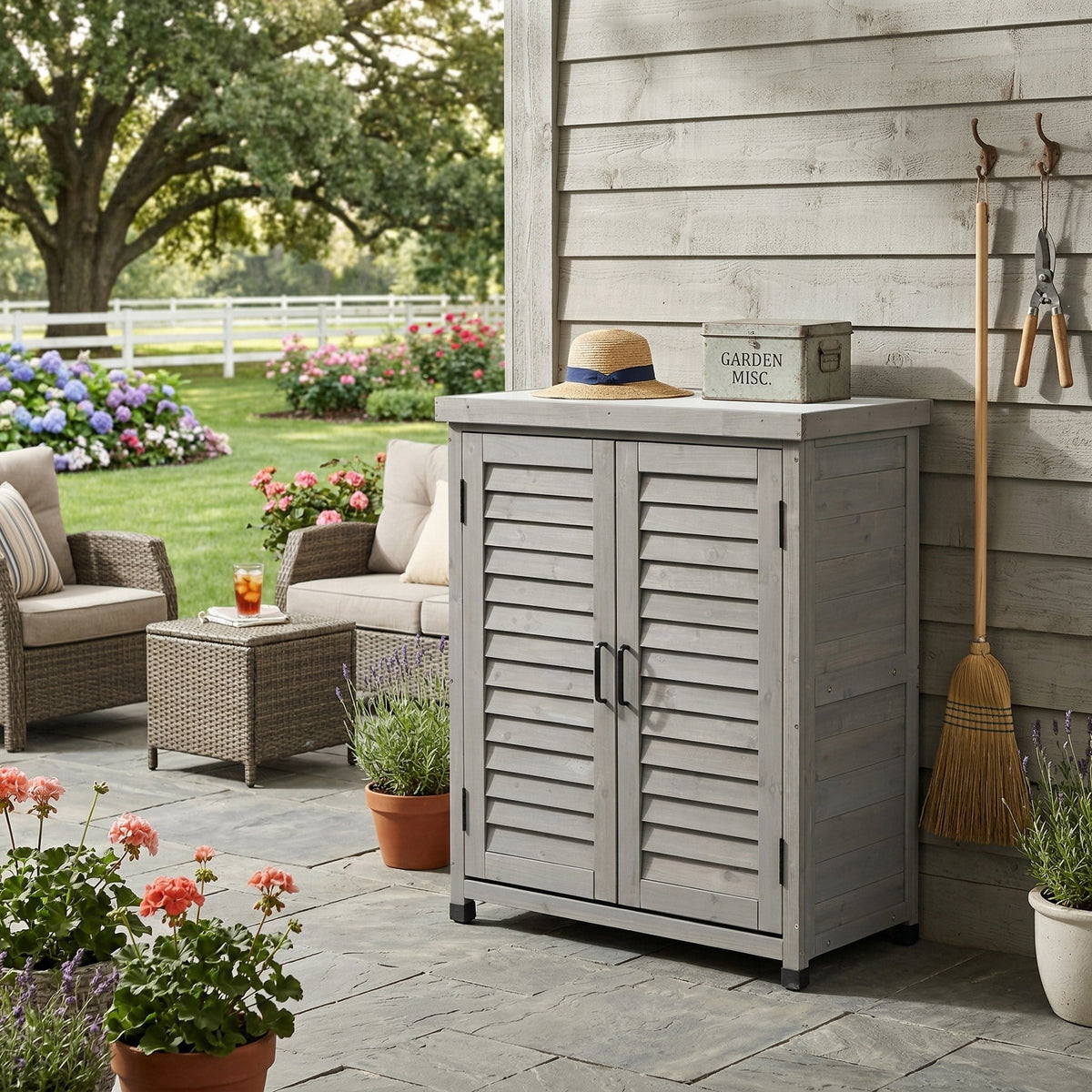Potting Bench with Storage Cabinet and Metal Table Top