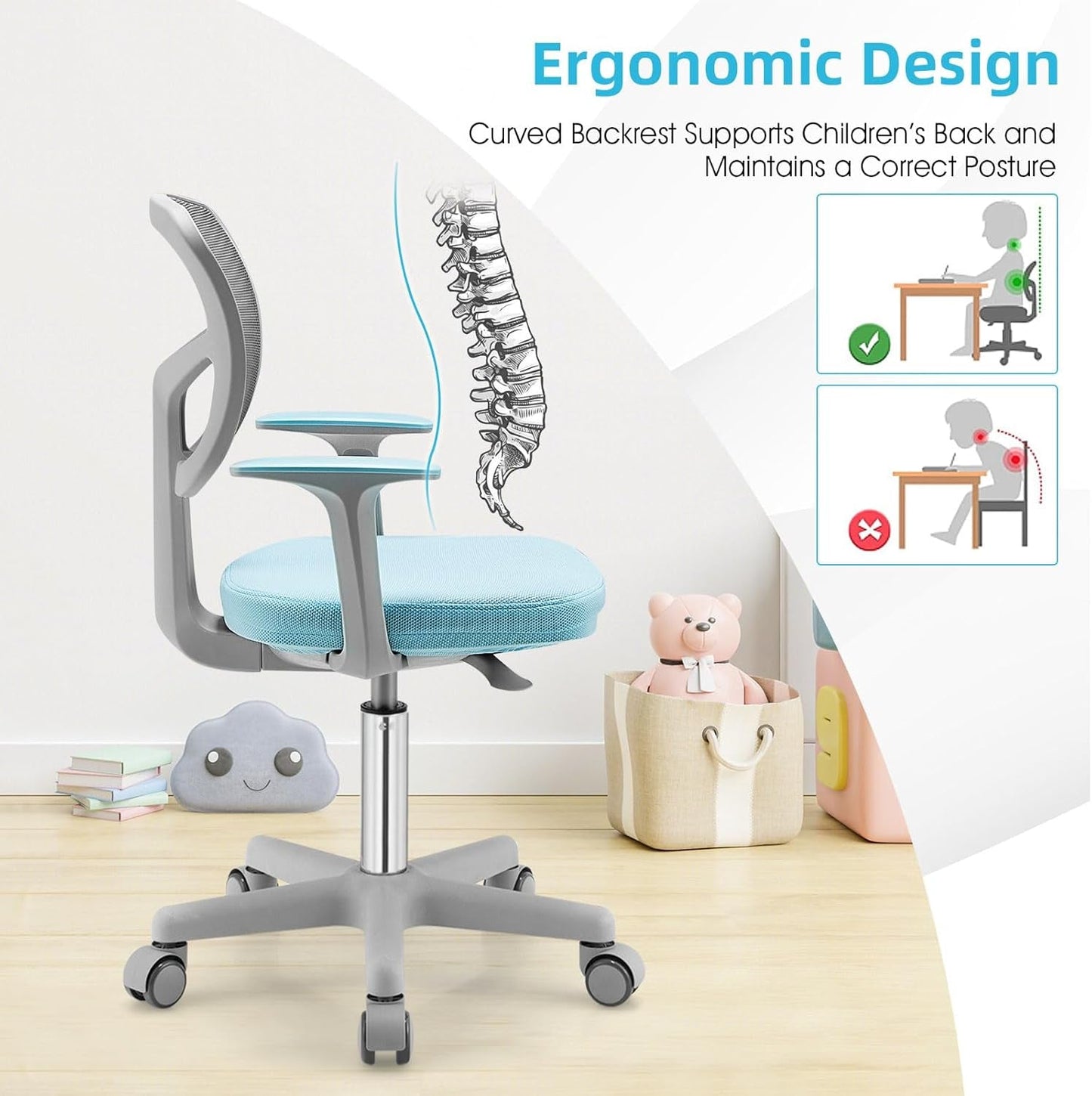 Ergonomic Kids Desk Chair With Lumbar Support Blue