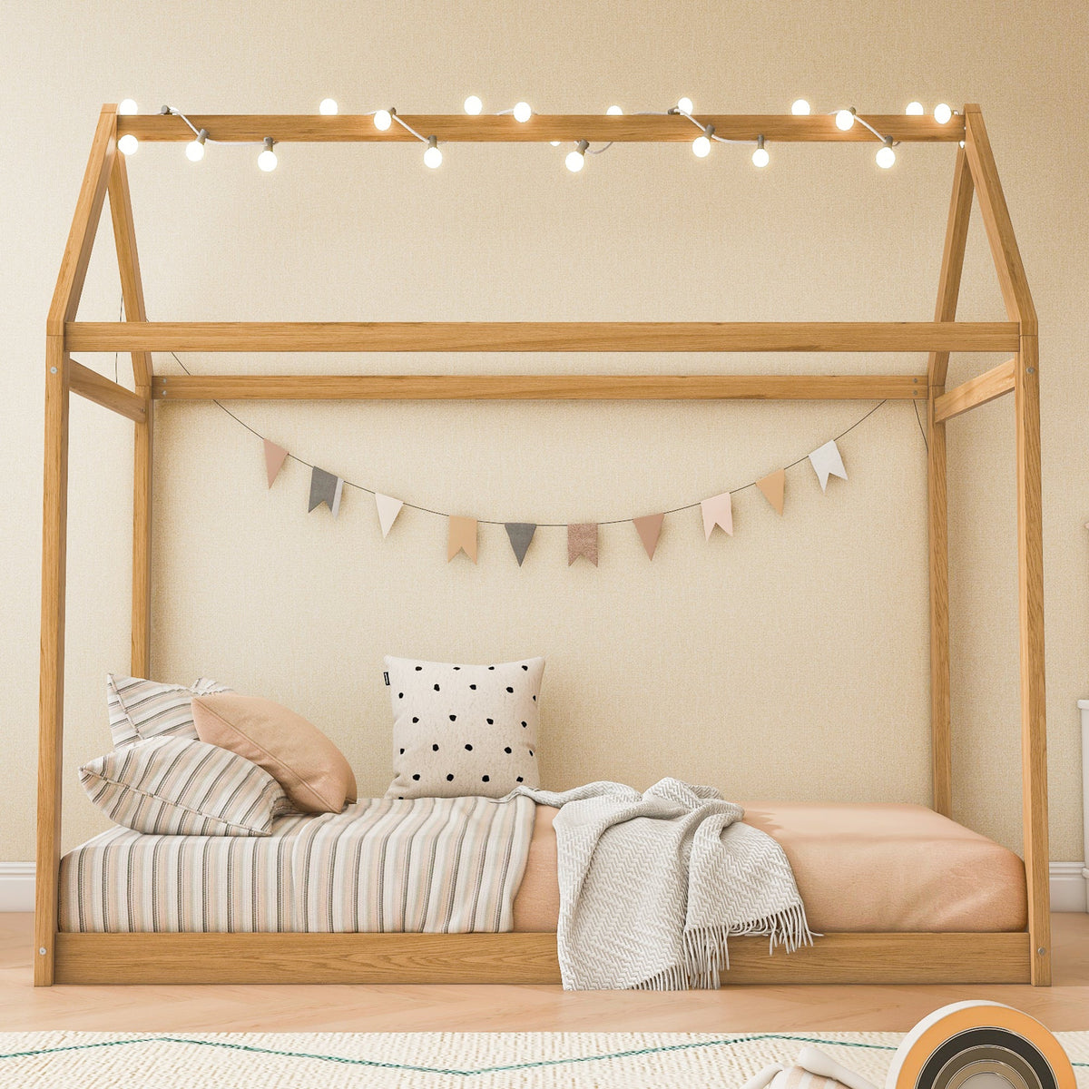 Twin Size Wooden House Bed, Wood Color