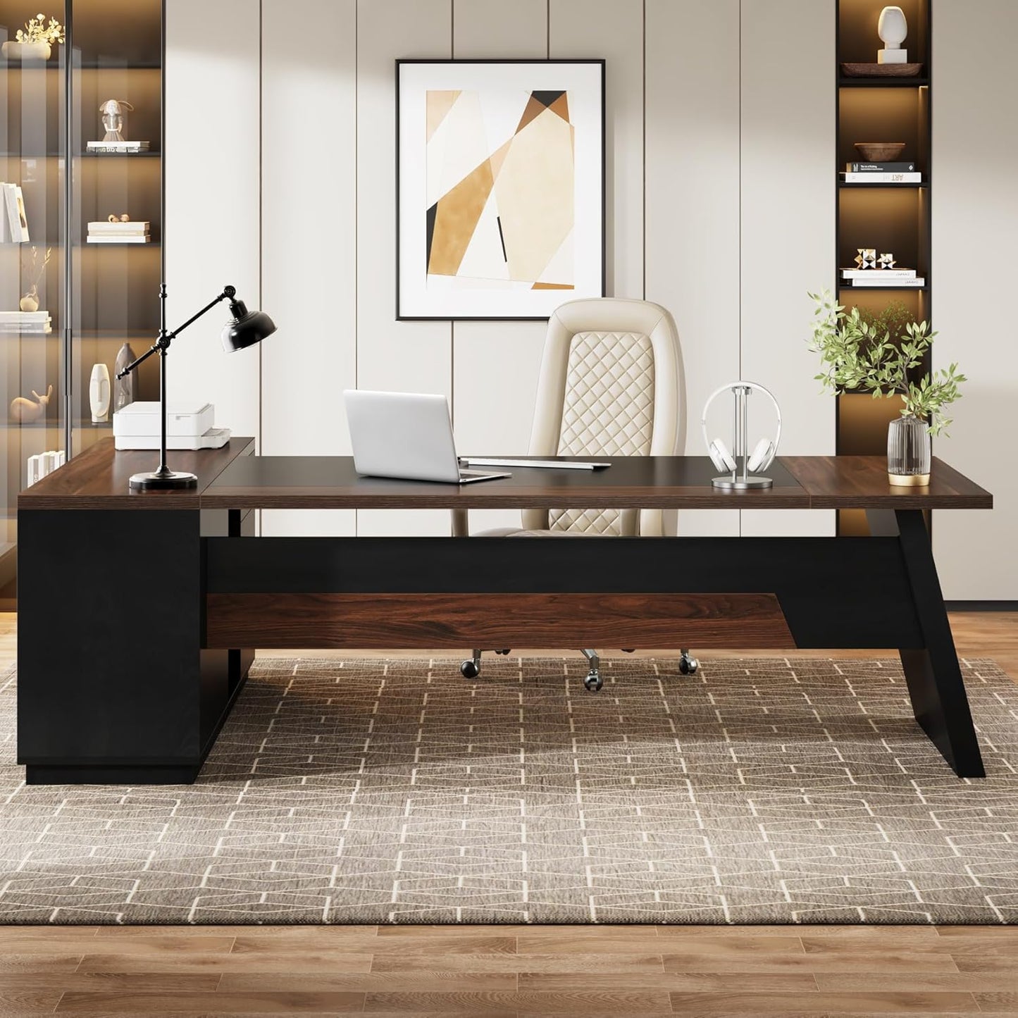 78.7" L-Shaped Executive Desk with File Cabinet & Drawers