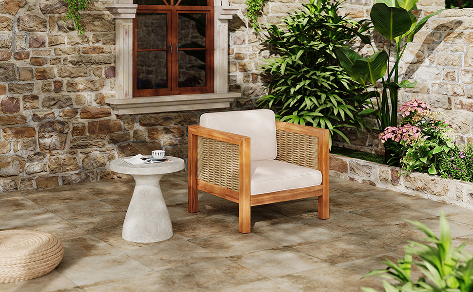 Acacia Wood Outdoor Club Chair with Wicker Armrest