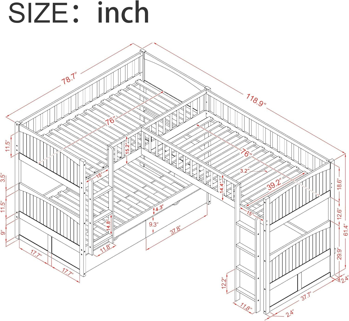 Triple Bunk Bed for Kids L Shaped Solid Wood Gray Twin Size