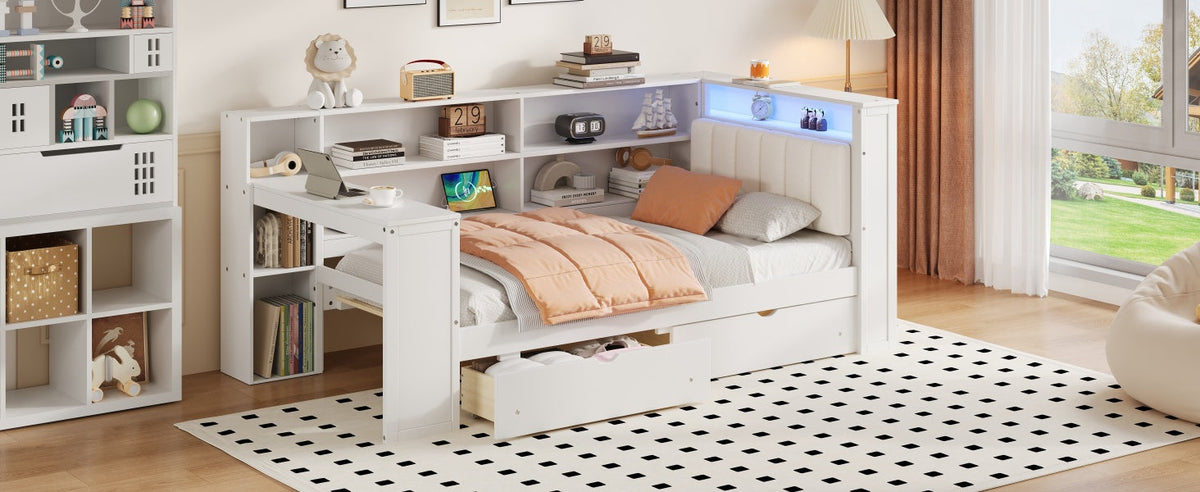 Wood Twin Size Platform Bed with Storage Shelves, Drawers, and LED