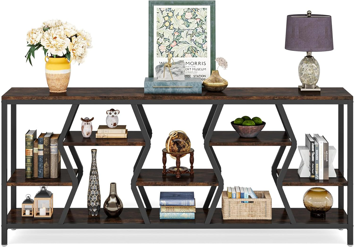 70.9 Inches Sofa Console Table with 4 Tier Wood Storage Shelves