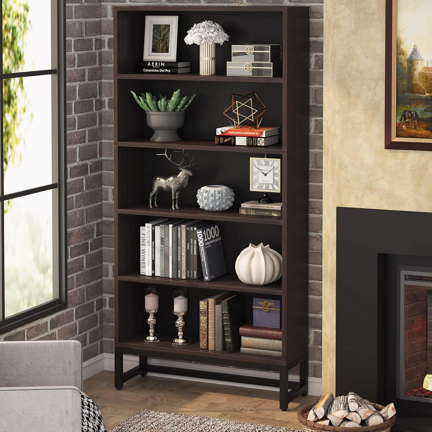 Tall Bookcase And Bookshelf 70.8 Inch Sandalwood Shelving