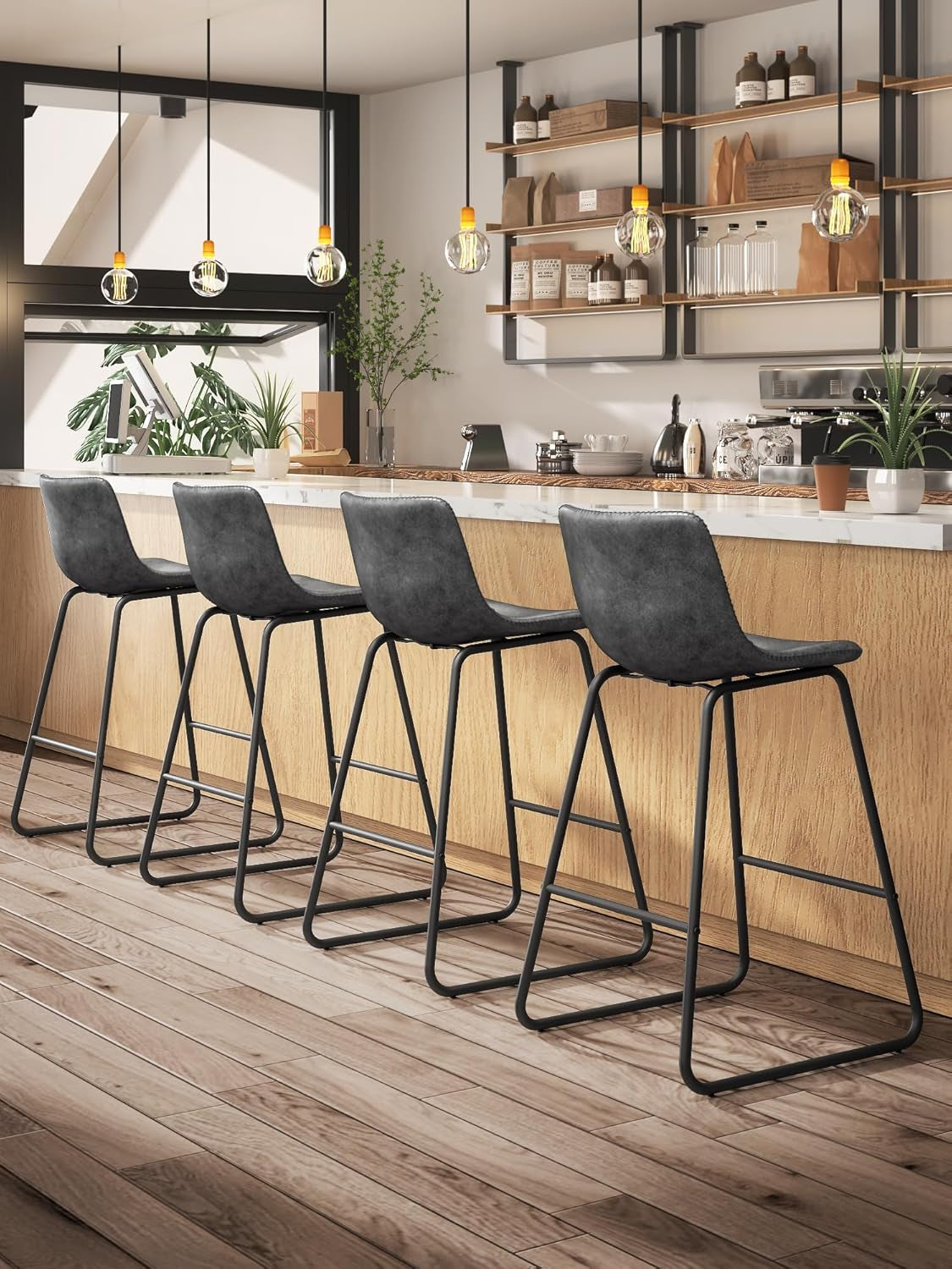 Gray Faux Leather Bar Stools Set Of 3 26 Inch Counter