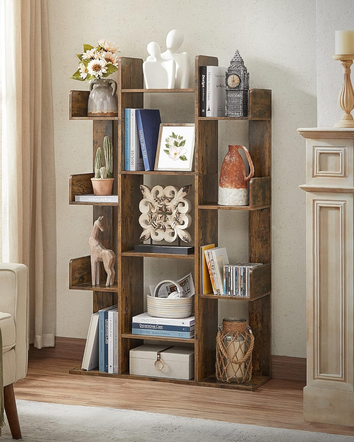 Tree Shaped Bookcase Rustic Brown Tall With 13 Shelves