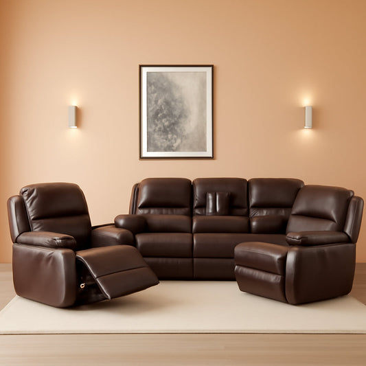 Manual Leather Recliner Sofa Set Brown For Living Room