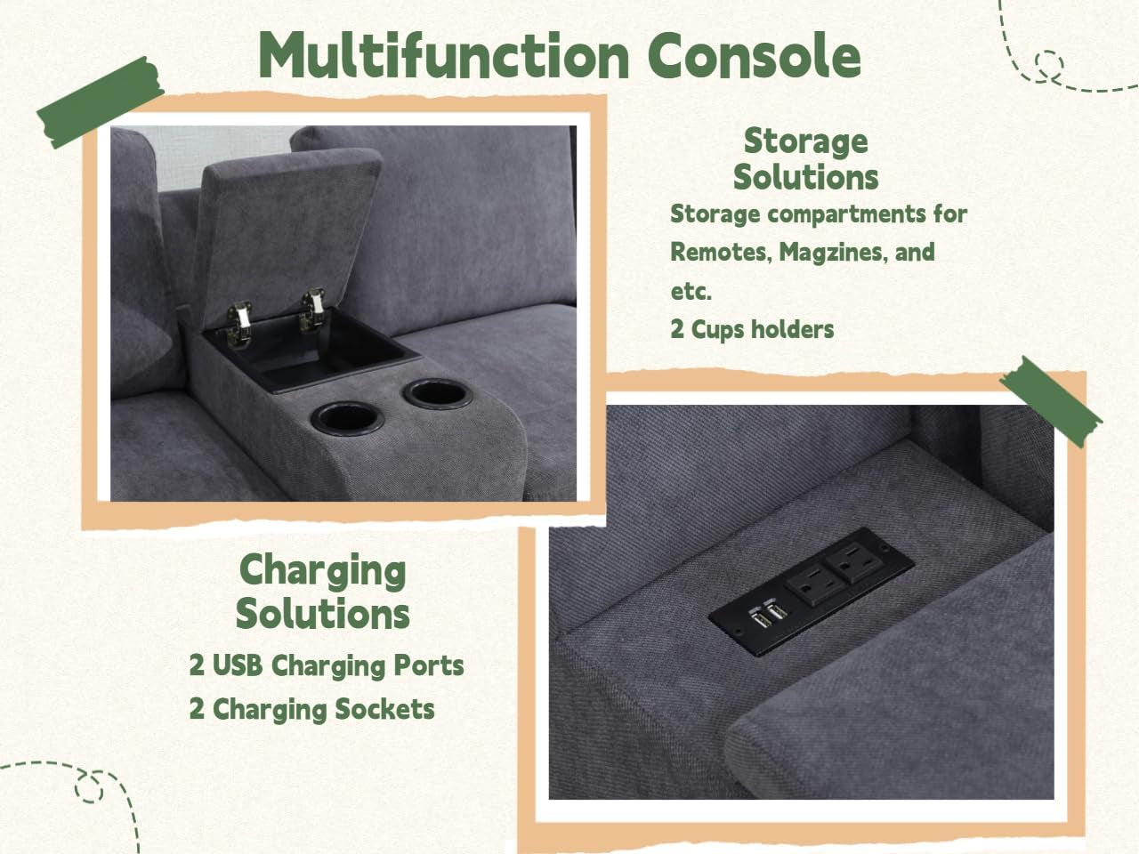 Flannel Modular Sectional Sofa With USB Ports Grey