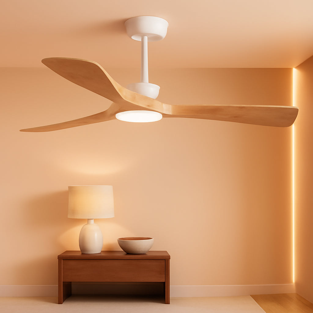 52 Inch Wood Ceiling Fan With Remote For Indoor Outdoor installed in a cozy room with soft lighting.
