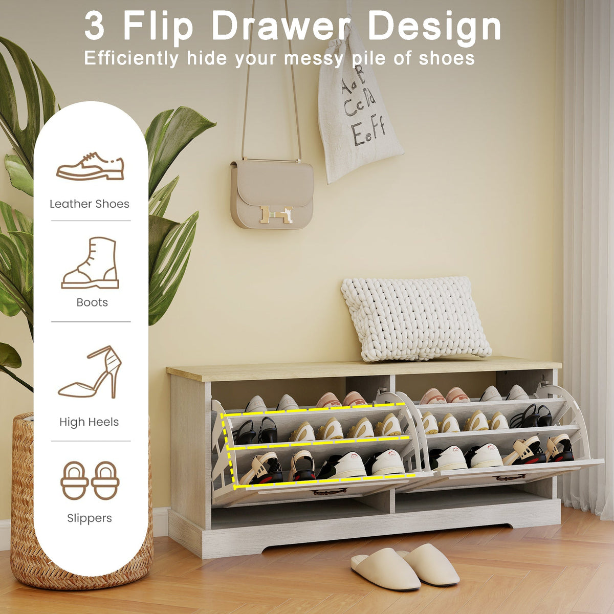 Shoe Storage Bench with 2 Flip Drawers and Adjustable Shelf