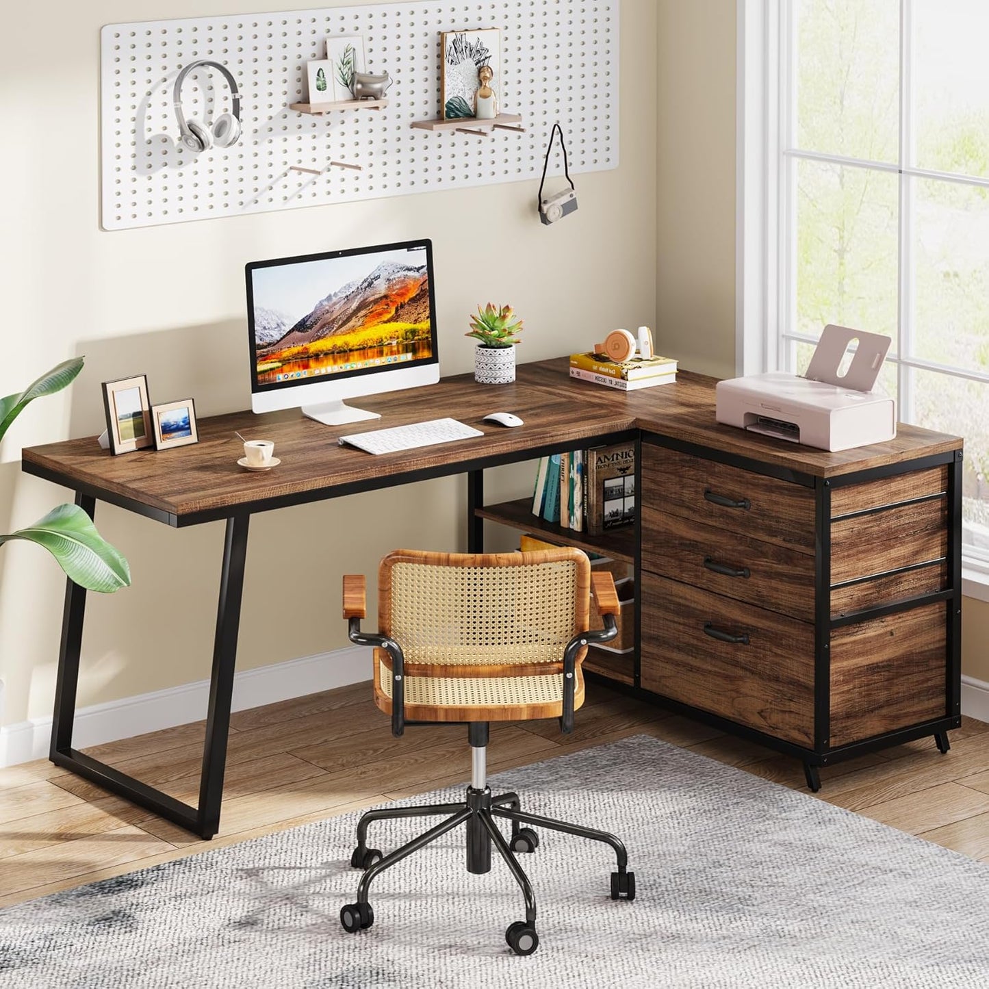 53" Reversible L-Shaped Computer Desk with 3 Drawers