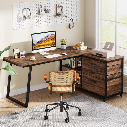 53" Reversible L-Shaped Computer Desk with 3 Drawers