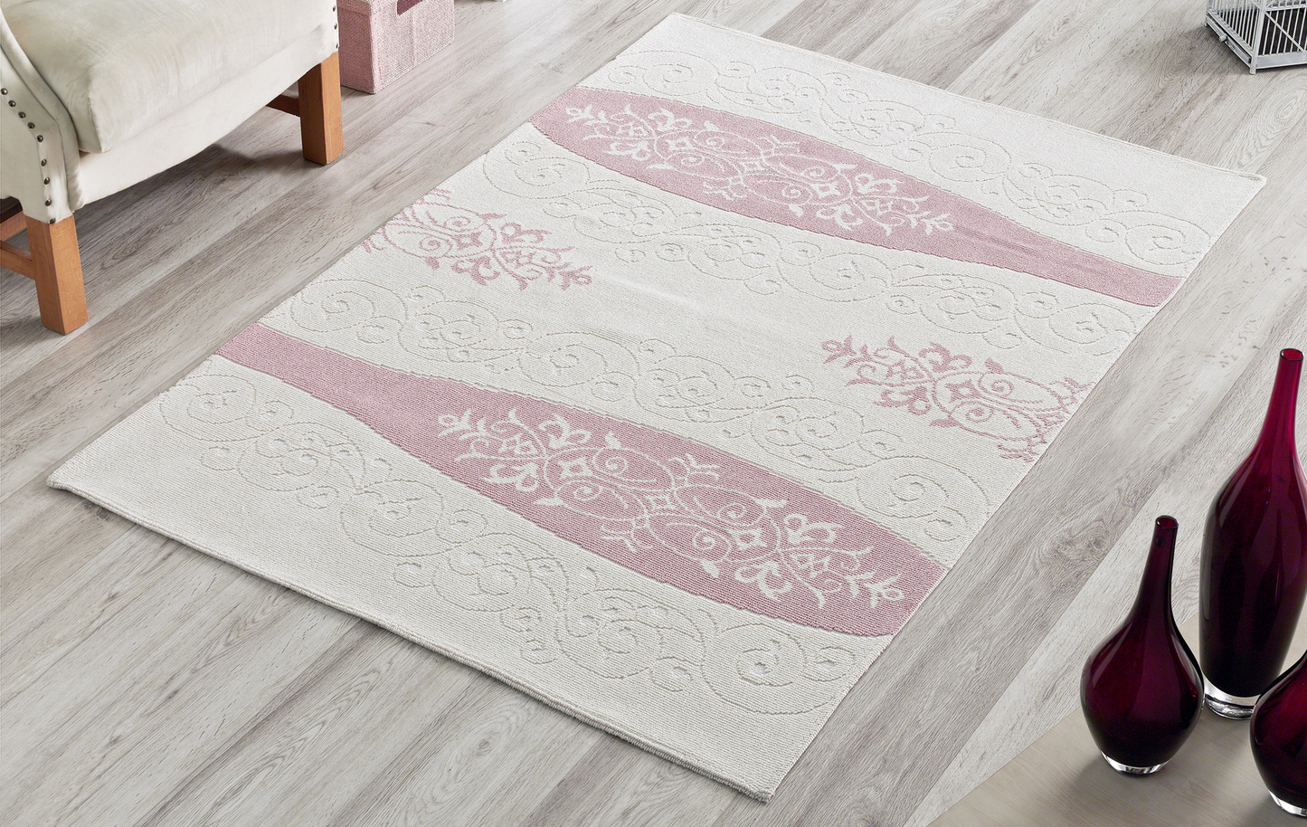 Vase 100% Cotton Washable Area Rug - Pink, White & Light Cream