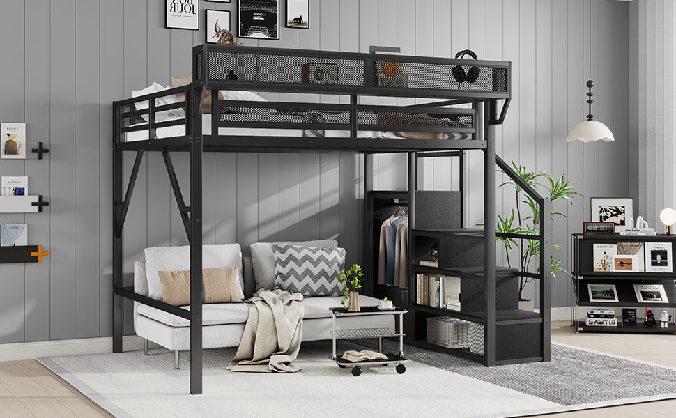 Queen Size Loft Bed with Stairs, Metal Loft Bed with Storage Shelves