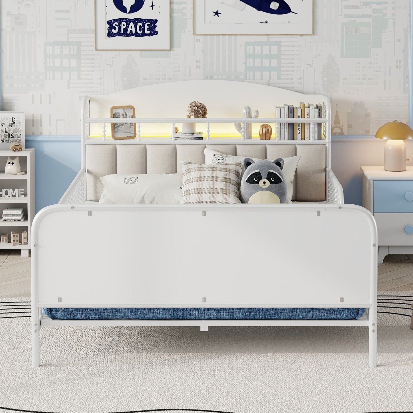Full Size Metal Platform Bed Frame with Light, Kids Full Metal Bed with Upholstered and Storage Headboard, White (Expect Arrival Date 2025/10/5)