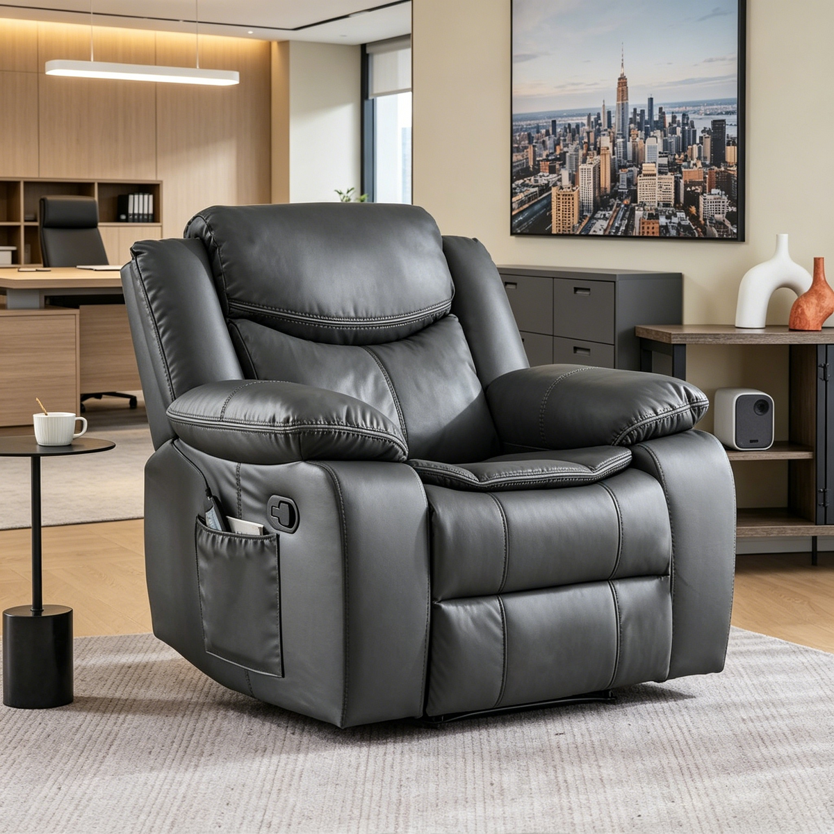 Grey Air Leather Recliner Chair With Vibration And Heating