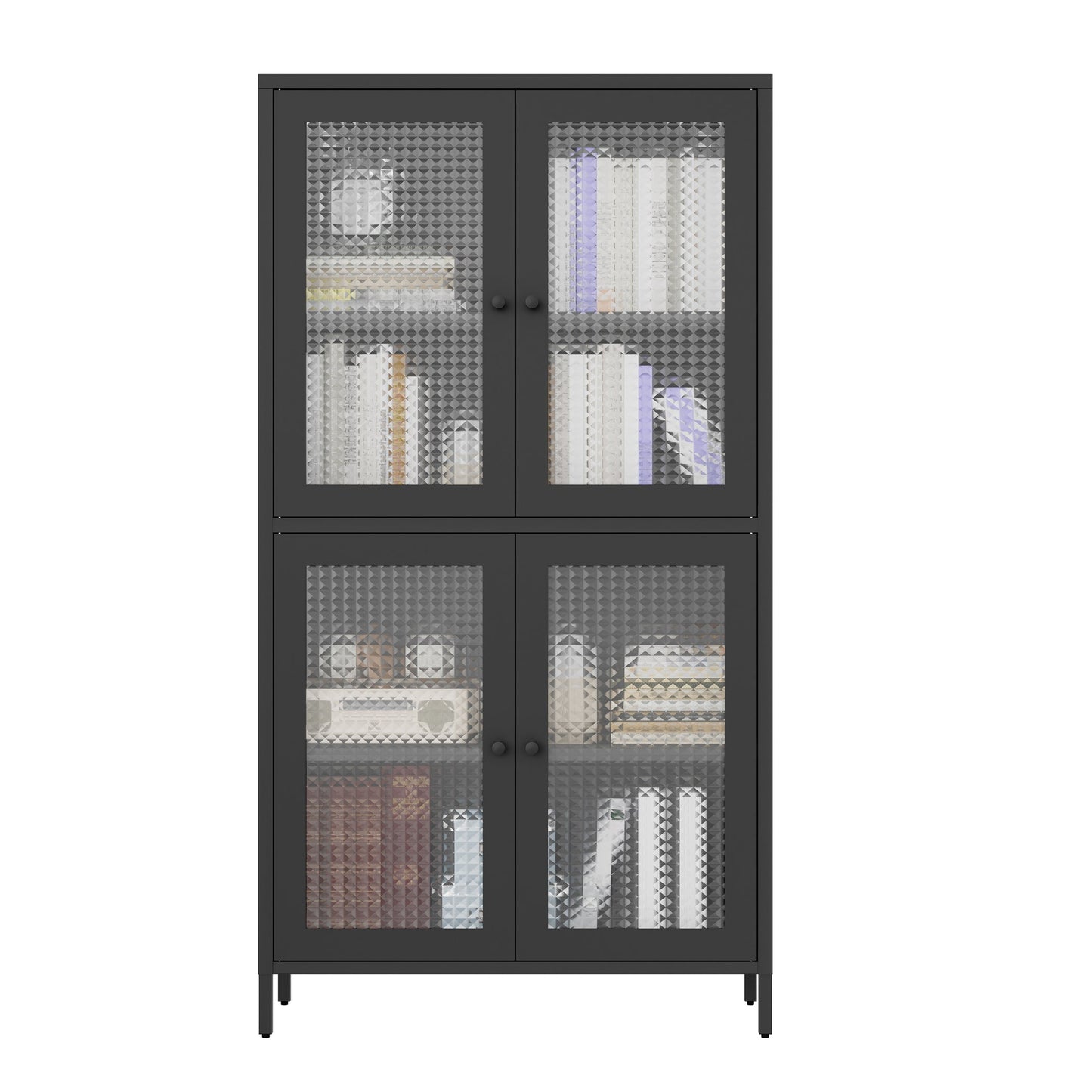 Classic Metal Storage Cabinet Display Cabinet with 4 Glass Doors 4 Shelves Cabinet  Bookcase Side Cabinet for Home Office Living Room Kitchen Hallway - Black, Waffle Grids Tempered Glass