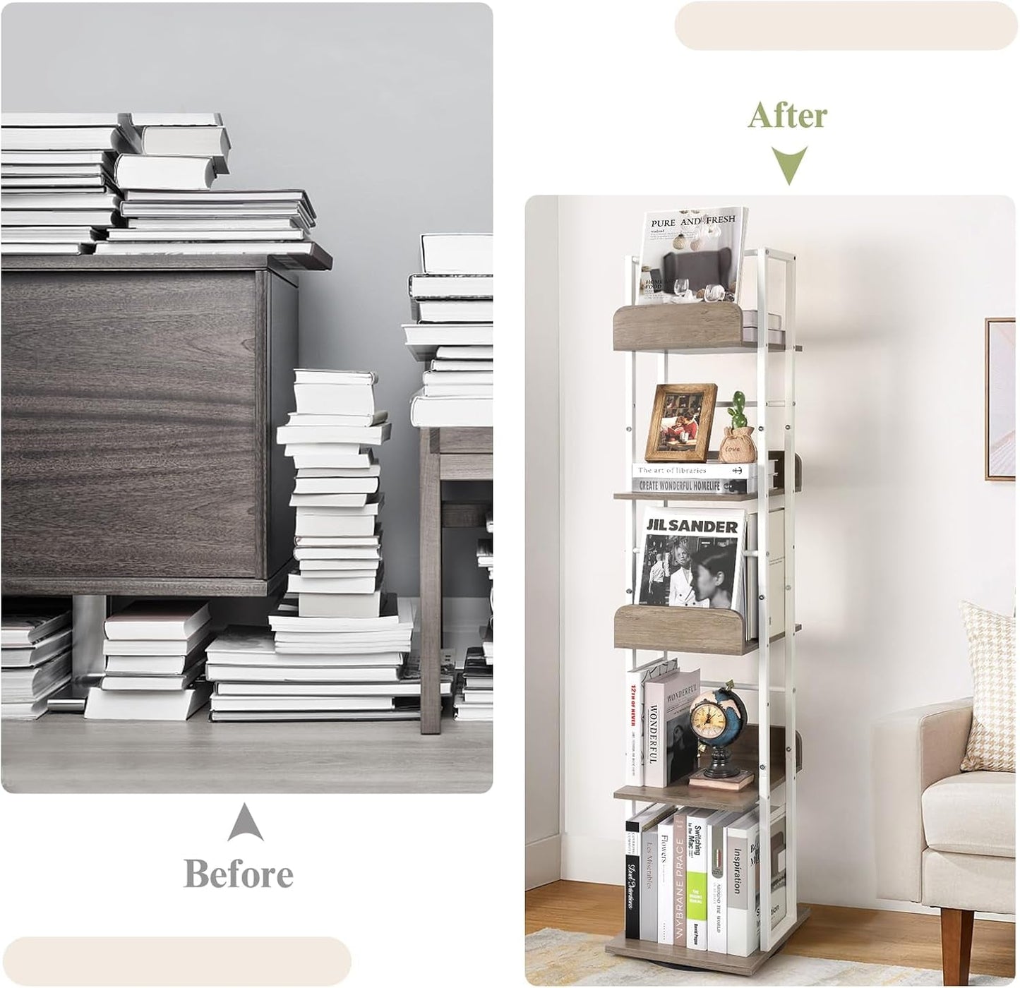 5-Tier Rotating Corner Bookshelf White Wood And Metal Slim