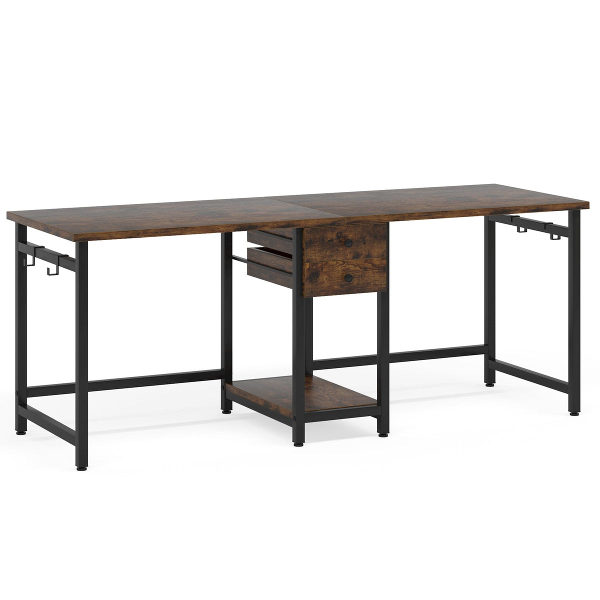 79-Inch Two Person Computer Desk with Drawers and Storage Shelves